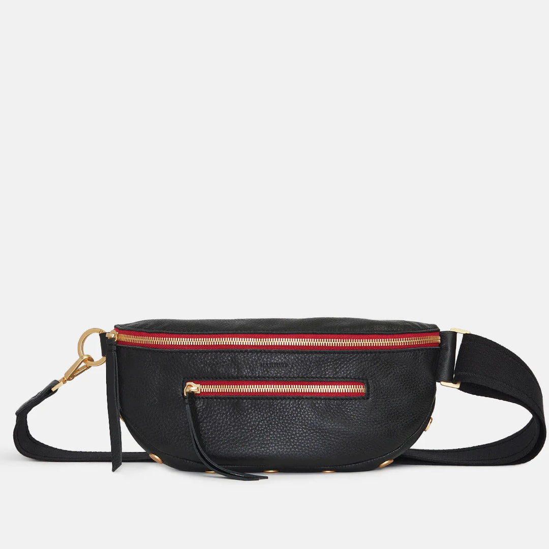 Hammitt Charles Small Leather Crossbody Bag Black/Brushed Gold Red Zip