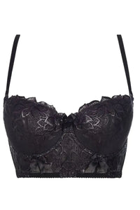 Black longline bustier push-up bra with elegant lace, shining wet look effect, and sensual bow details.
