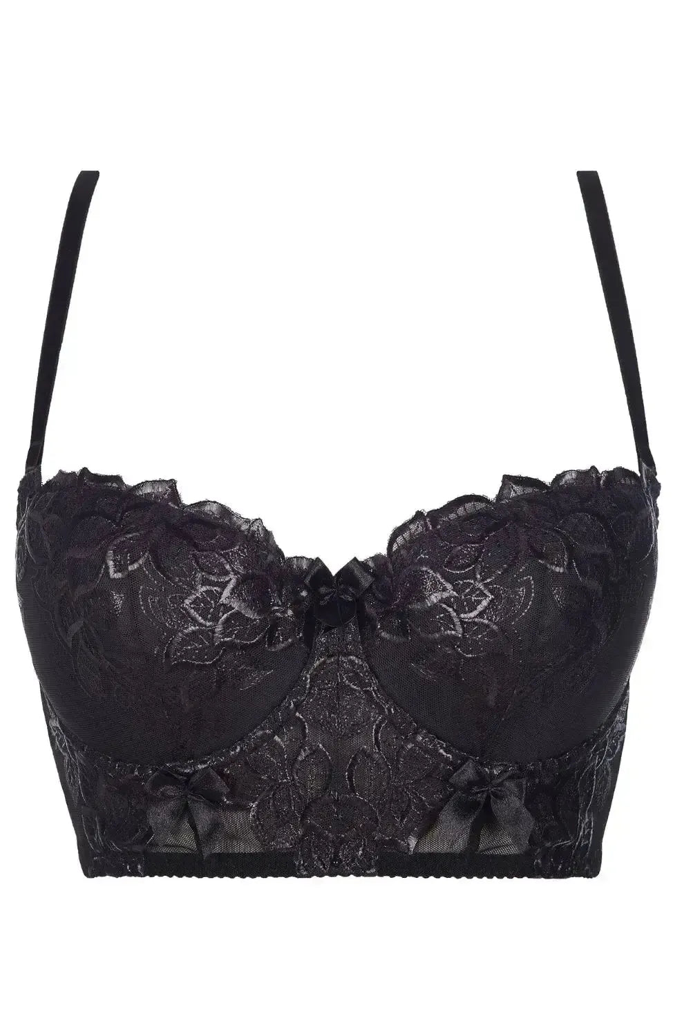 Black longline bustier push-up bra with elegant lace, shining wet look effect, and sensual bow details.