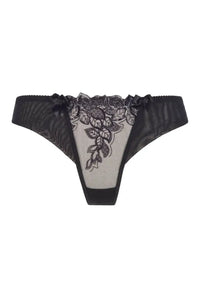 Axami Chocolate Bar Thong: elegant black tulle and luxe lacquer lace with floral embroidery.