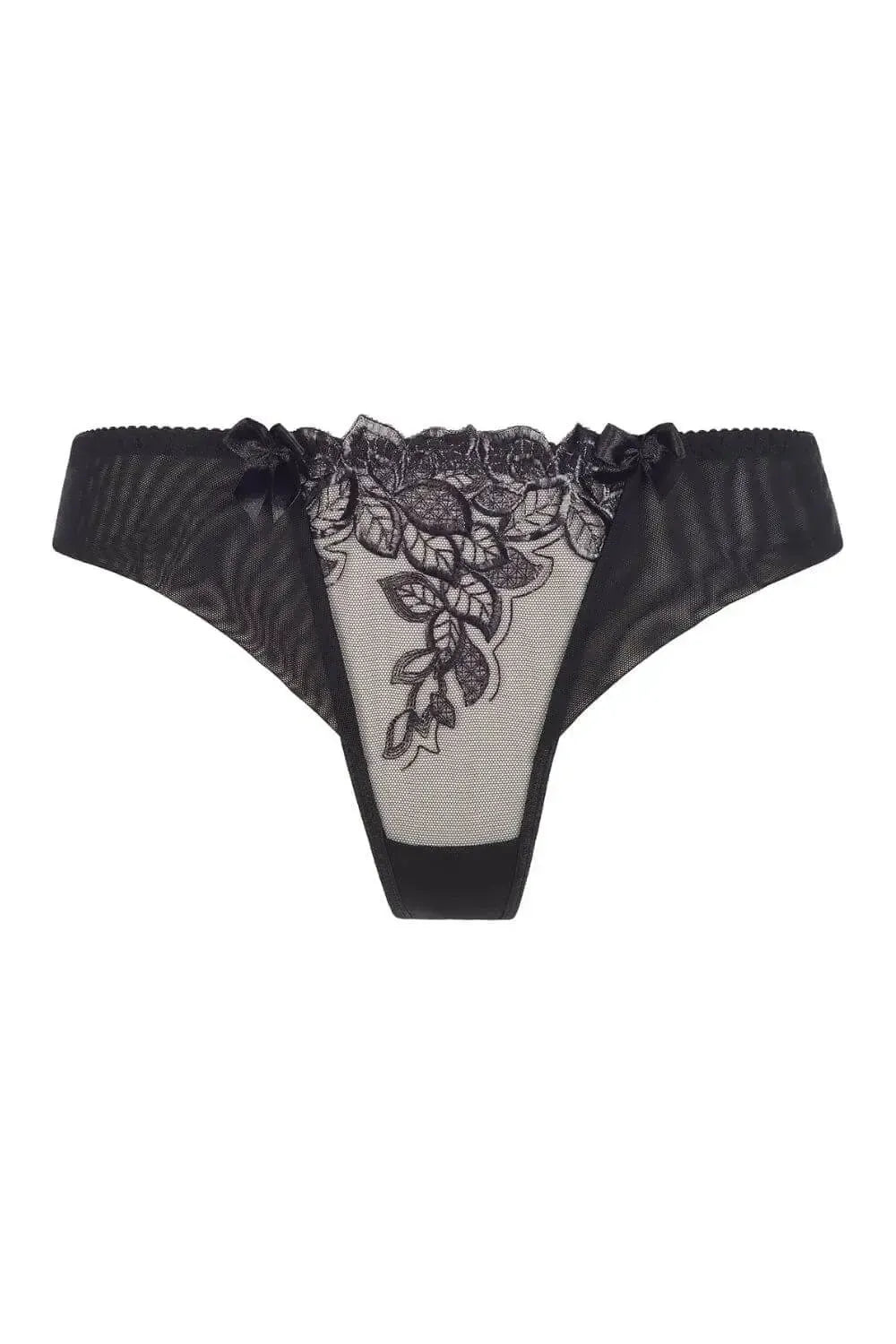 Axami Chocolate Bar Thong: elegant black tulle and luxe lacquer lace with floral embroidery.