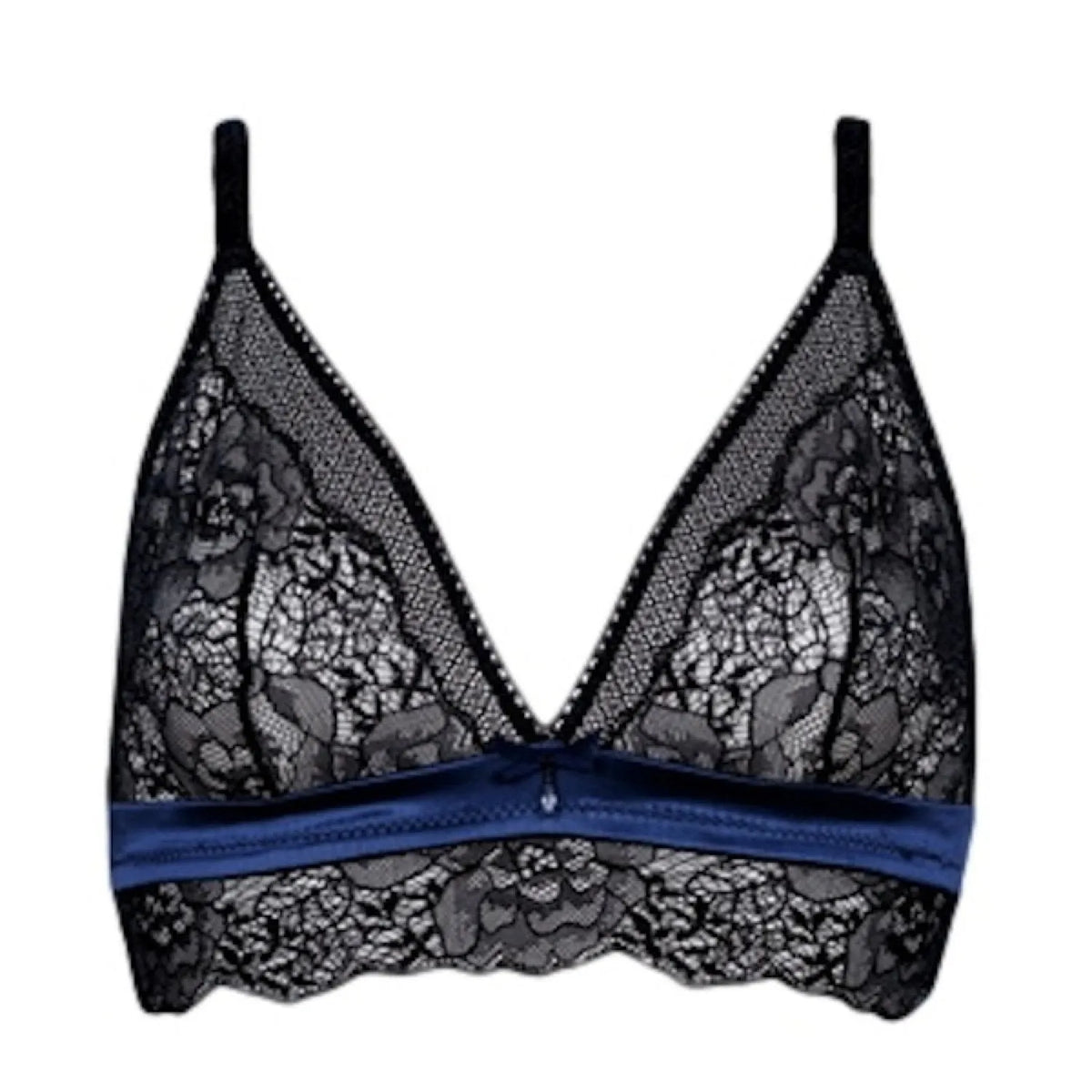 Cleopha black lace triangle bra with unlined cups, adjustable straps, and a luxurious blue satin band.