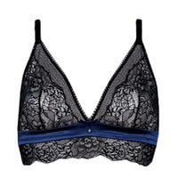 Cleopha black lace triangle bra with unlined cups, adjustable straps, and a luxurious blue satin band.