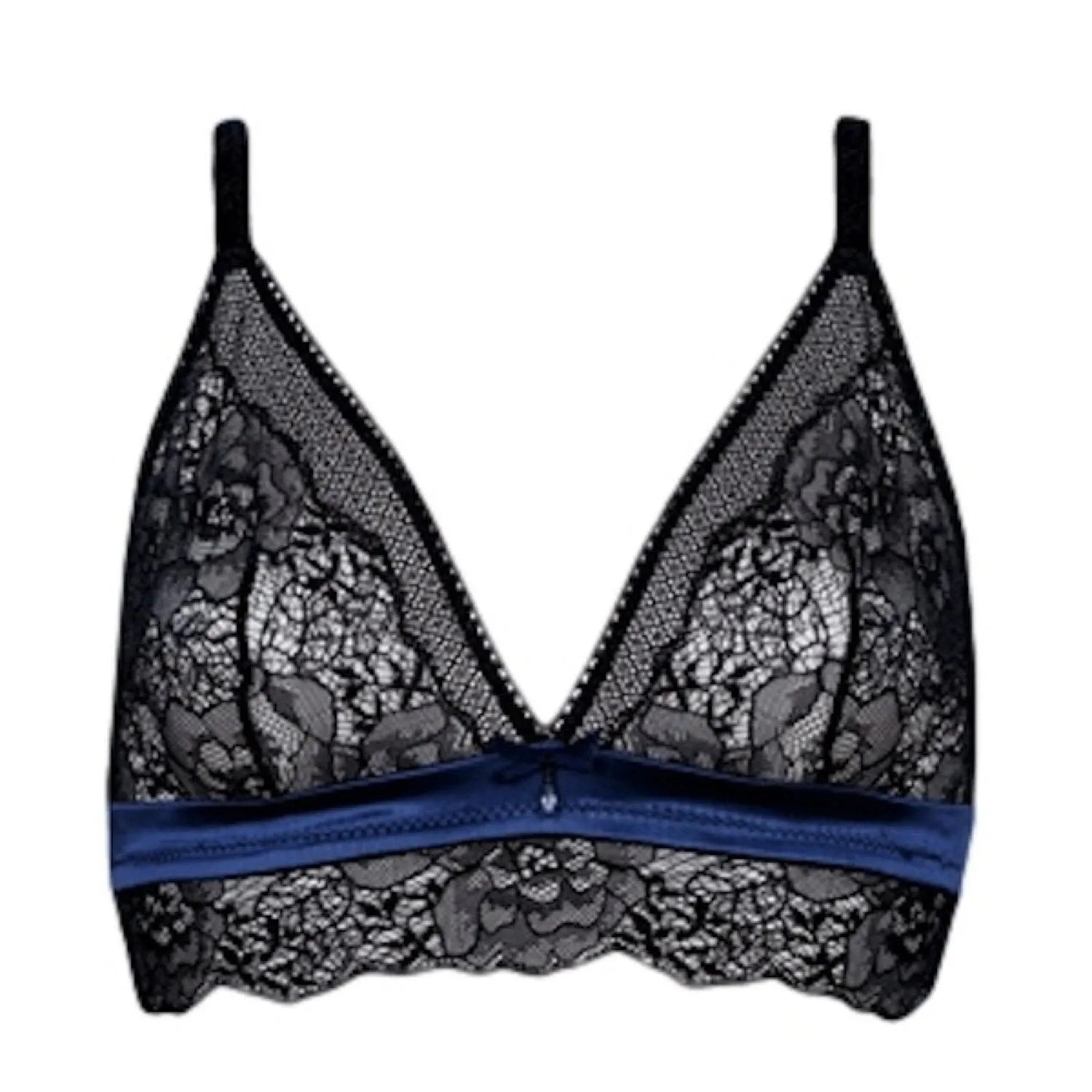 Cleopha black lace triangle bra with unlined cups, adjustable straps, and a luxurious blue satin band.