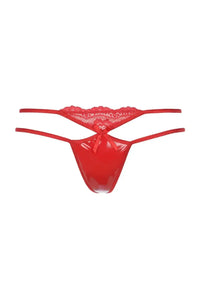 Seductive red Axami Cranberry Muffin shiny g-string with delicate lace and a charming bow.