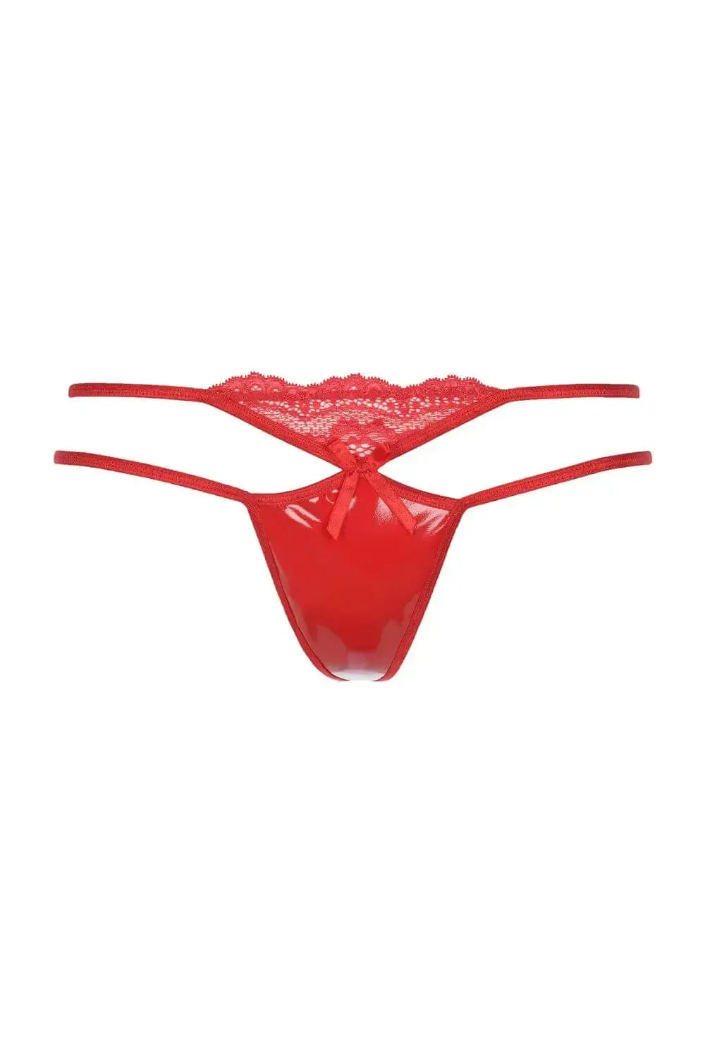 Seductive red Axami Cranberry Muffin shiny g-string with delicate lace and a charming bow.