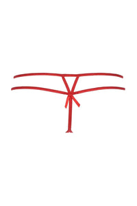 Seductive red Axami Cranberry Muffin shiny g-string with a delicate bow detail, perfect for sensual discoveries.