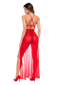 Crimson Cascade Plunge Lace Maxi Gown & Thong Red - Mapale