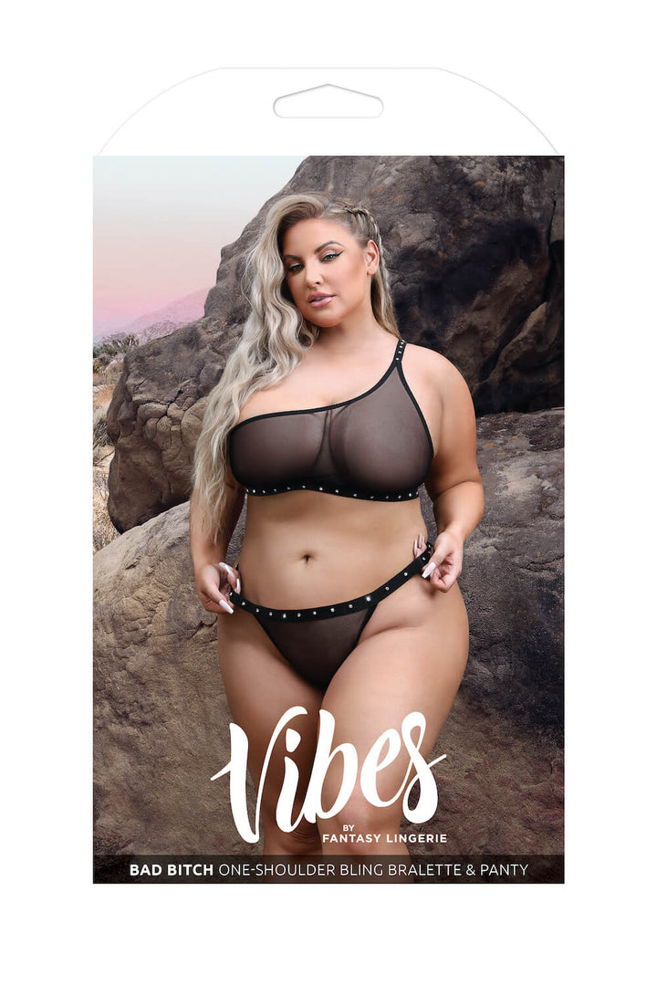 Curve Vibes Bad B*tch One-Shoulder Bling Bralette & Panty Set-Fantasy Lingerie-Rebel Romance