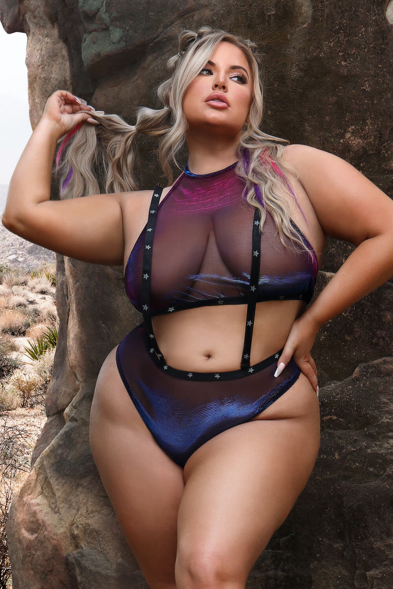 Fantasy Curve Vibes Stardust Halter Top & Suspender Bottoms Bra Set-Rebel Romance