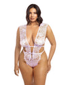 Oh la la Cheri Curvy Imani Eyelash Lace Soft Cup High Leg Teddy Pink Tulle-Rebel Romance