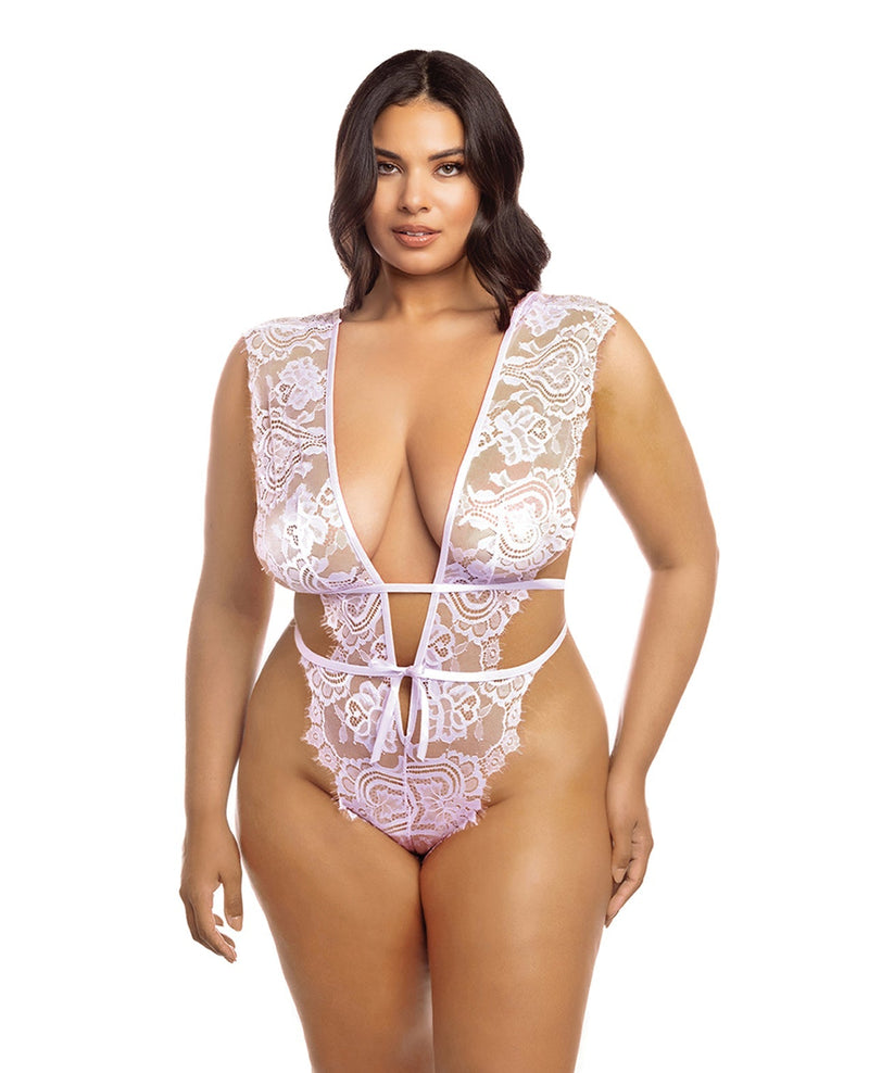 Oh la la Cheri Curvy Imani Eyelash Lace Soft Cup High Leg Teddy Pink Tulle-Rebel Romance