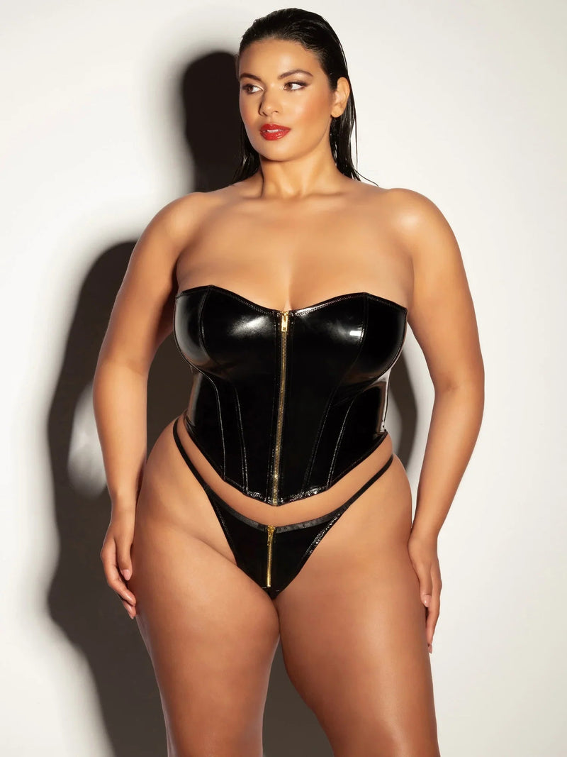 Oh la la Cheri Curvy Rider Bustier Bra Set Zipper Front Vinyl Black-Rebel Romance