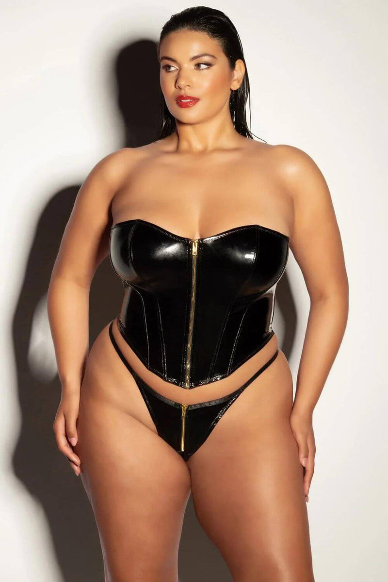 Oh la la Cheri Curvy Rider Bustier Bra Set Zipper Front Vinyl Black-Rebel Romance