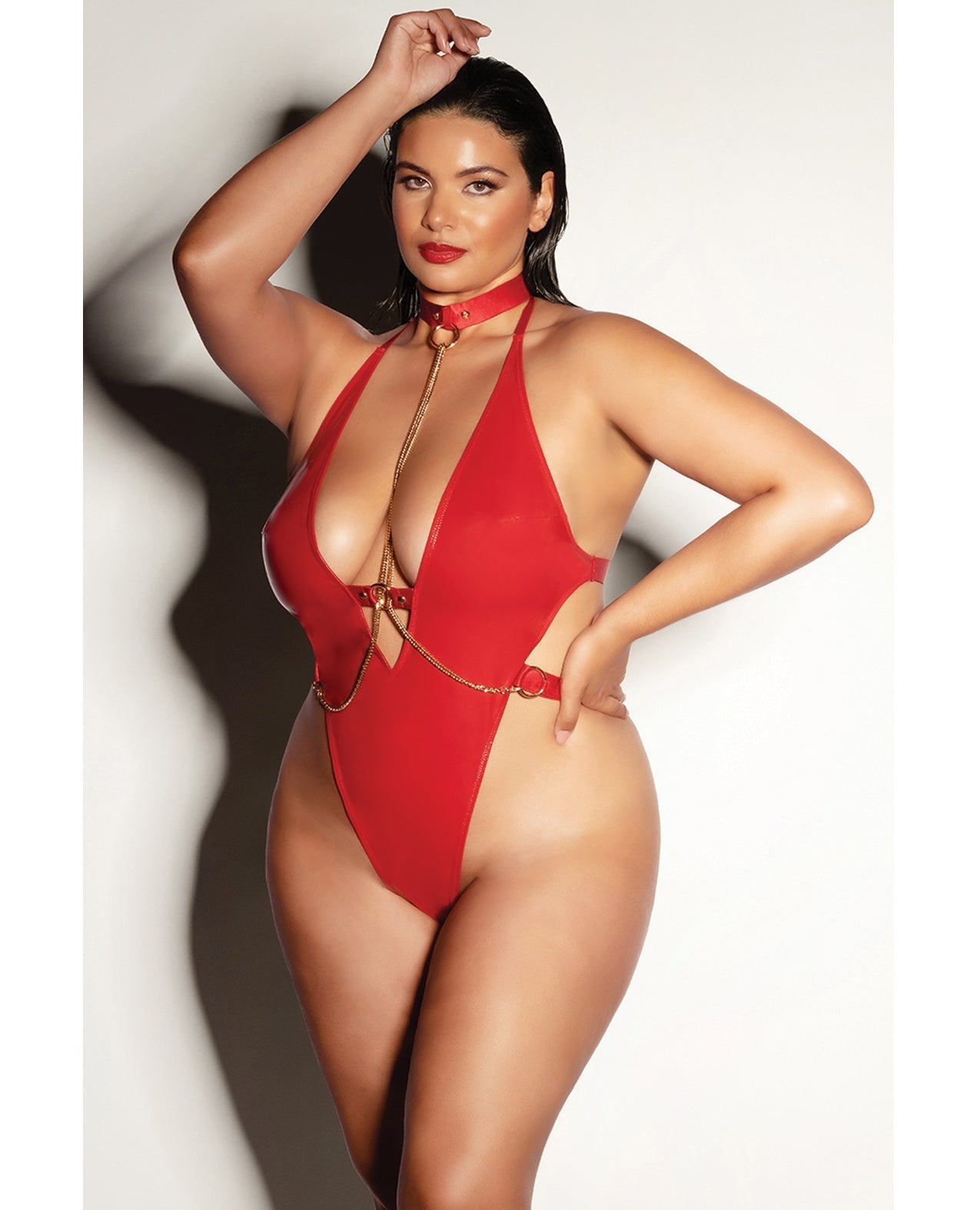 Oh la la Cheri Curvy Submissive Shiny Chain Teddy Red-Rebel Romance