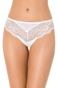Delicate white lace bikini briefs with a classic cut, sensual transparent lace, and a flirtatious satin bow.
