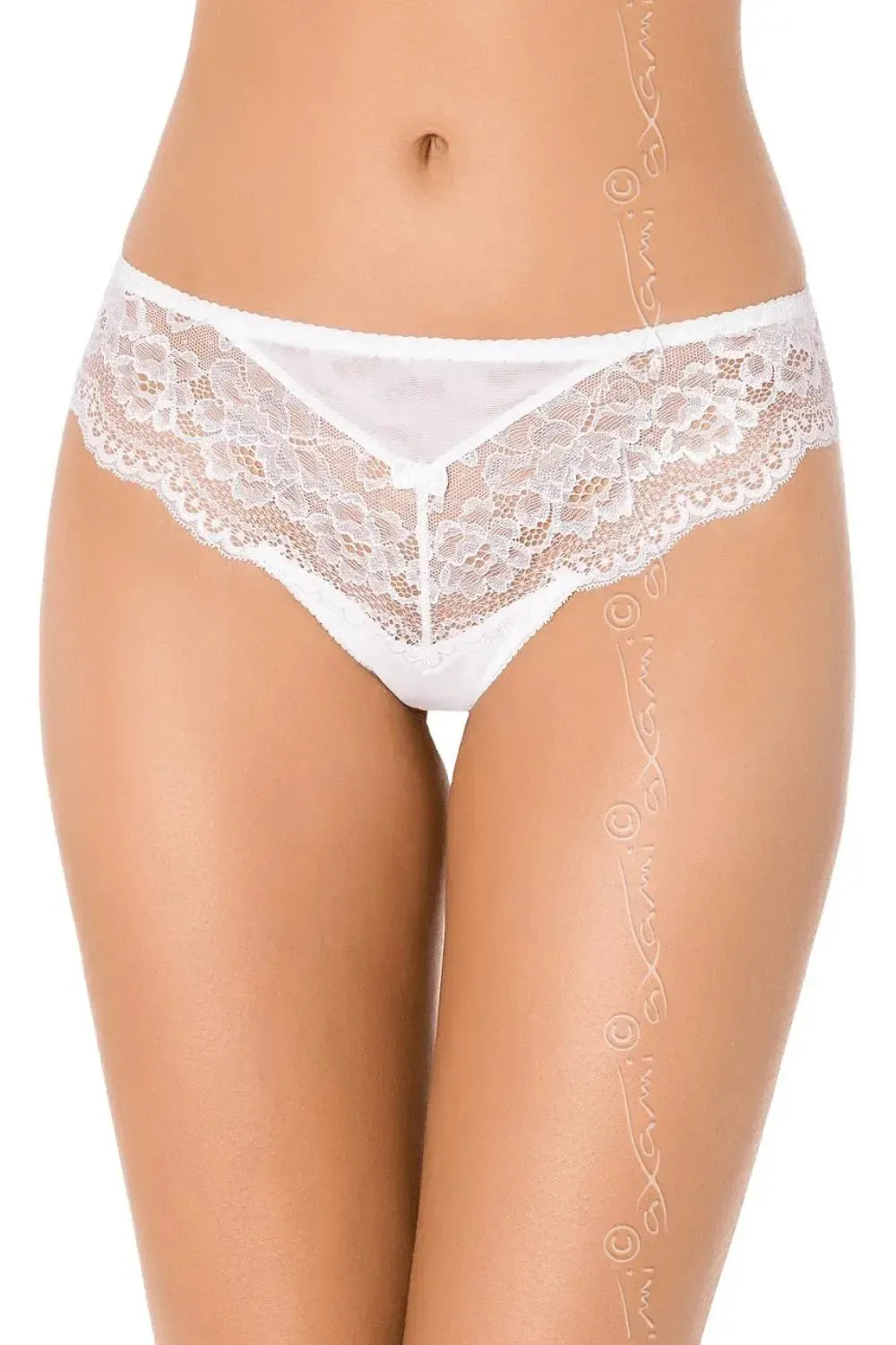 Delicate white lace bikini briefs with a classic cut, sensual transparent lace, and a flirtatious satin bow.