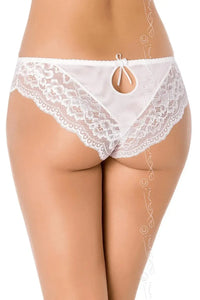 White lace bikini briefs with keyhole back, satin bow, and delicate transparent lace.