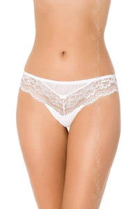 Seductive white thong with transparent lace, a flirtatious satin bow, and keyhole back detail.