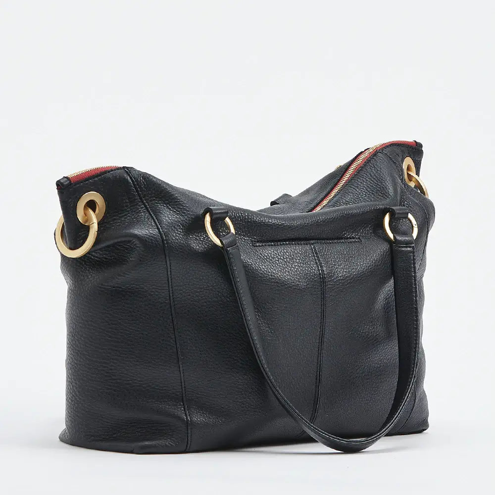 Hammitt Daniel Lrg Leather Tote Bag Black/Brushed Gold Red Zip-Rebel Romance