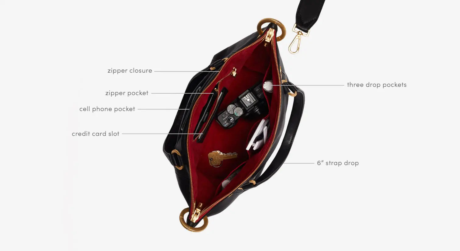 Hammitt Daniel Med Leather Satchel Bag Black/Brushed Gold Red Zip-Rebel Romance