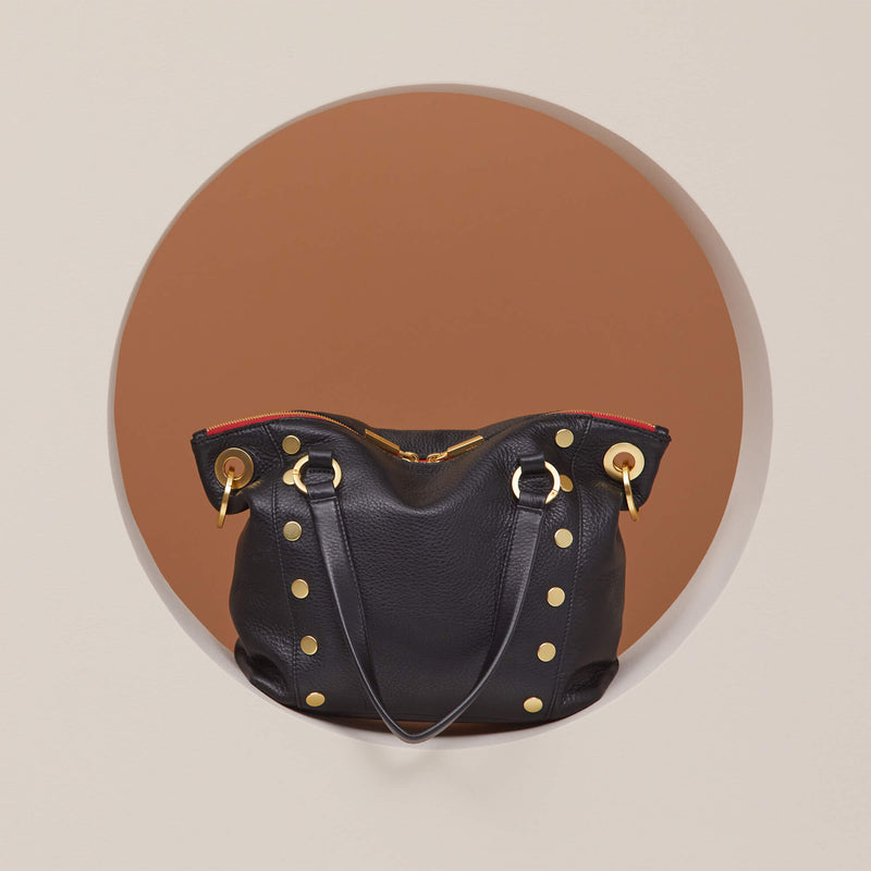 Hammitt Daniel Med Leather Satchel Bag Black/Brushed Gold Red Zip-Rebel Romance