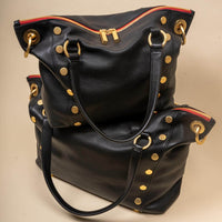 Hammitt Daniel Med Leather Satchel Bag Black/Brushed Gold Red Zip-Rebel Romance