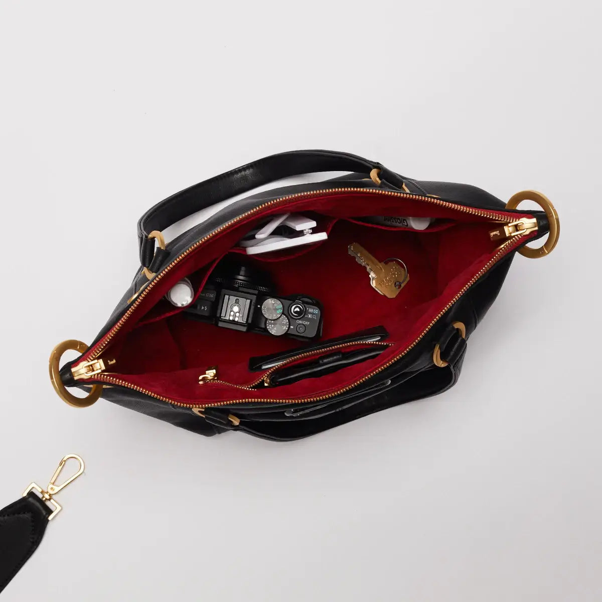 Hammitt Daniel Med Leather Satchel Bag Black/Brushed Gold Red Zip-Rebel Romance