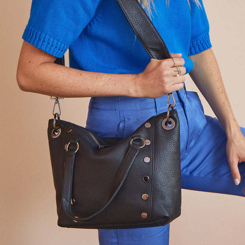 Hammitt Daniel Med Leather Satchel Bag Black/Gunmetal-Rebel Romance