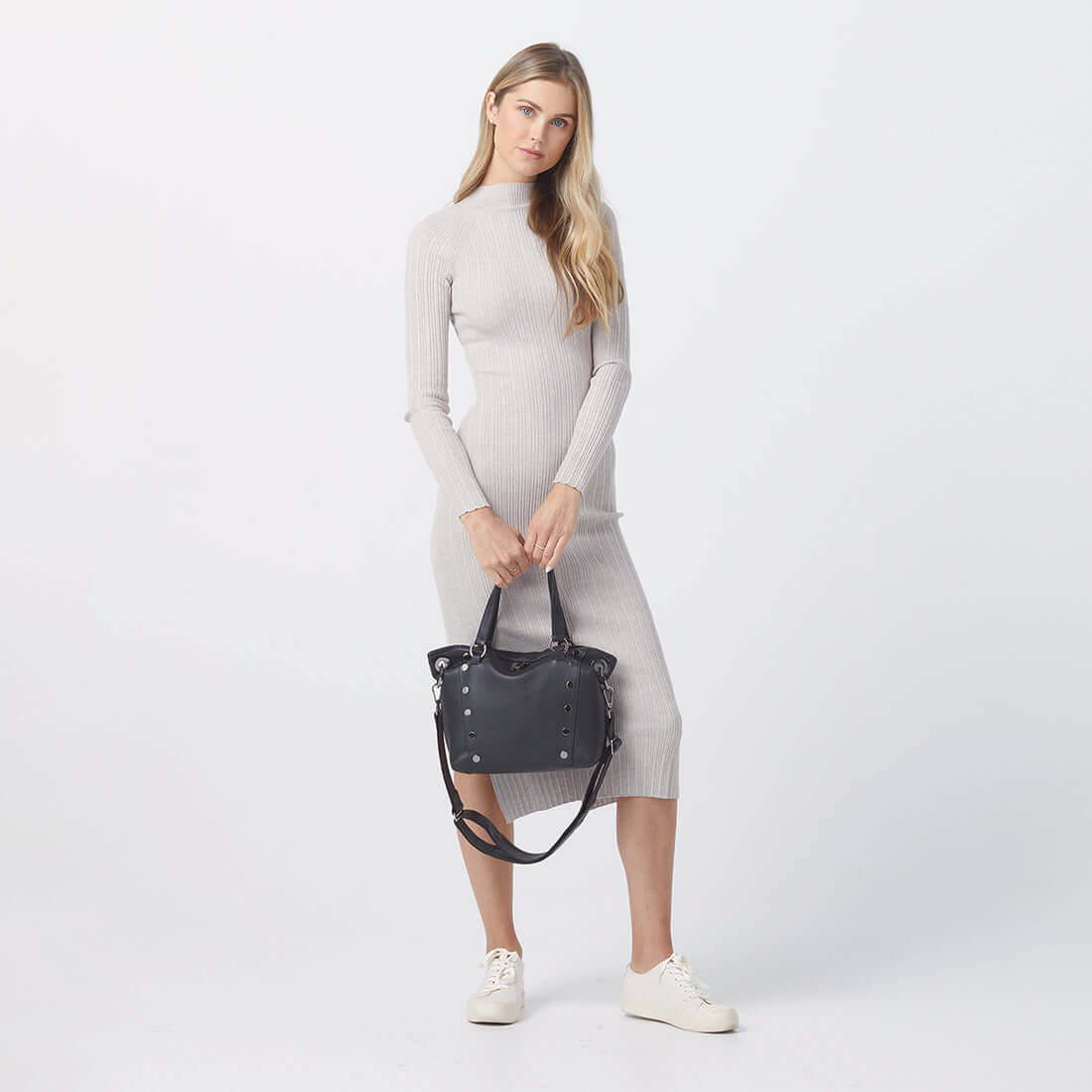 Hammitt Daniel Med Leather Satchel Bag Black/Gunmetal-Rebel Romance