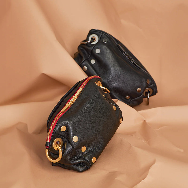 Hammitt Daniel Sml Leather Crossbody Clutch Bag Black/Brushed Gold Red Zip-Rebel Romance