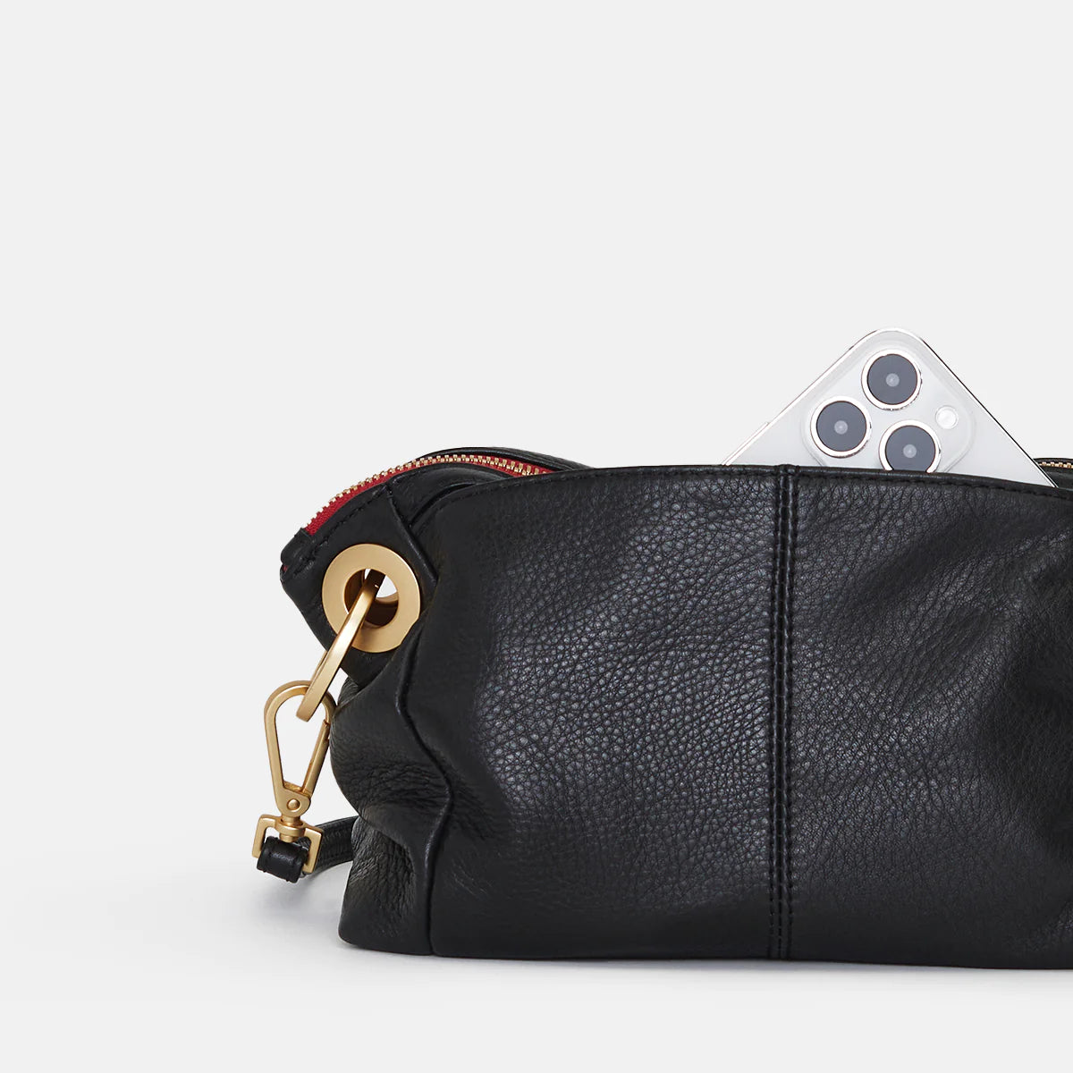 Hammitt Daniel Sml Leather Crossbody Clutch Bag Black/Brushed Gold Red Zip-Rebel Romance