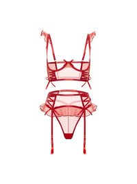 Oh la la Cheri Darcy Sheer Tulle Open Cup Bra Set Red