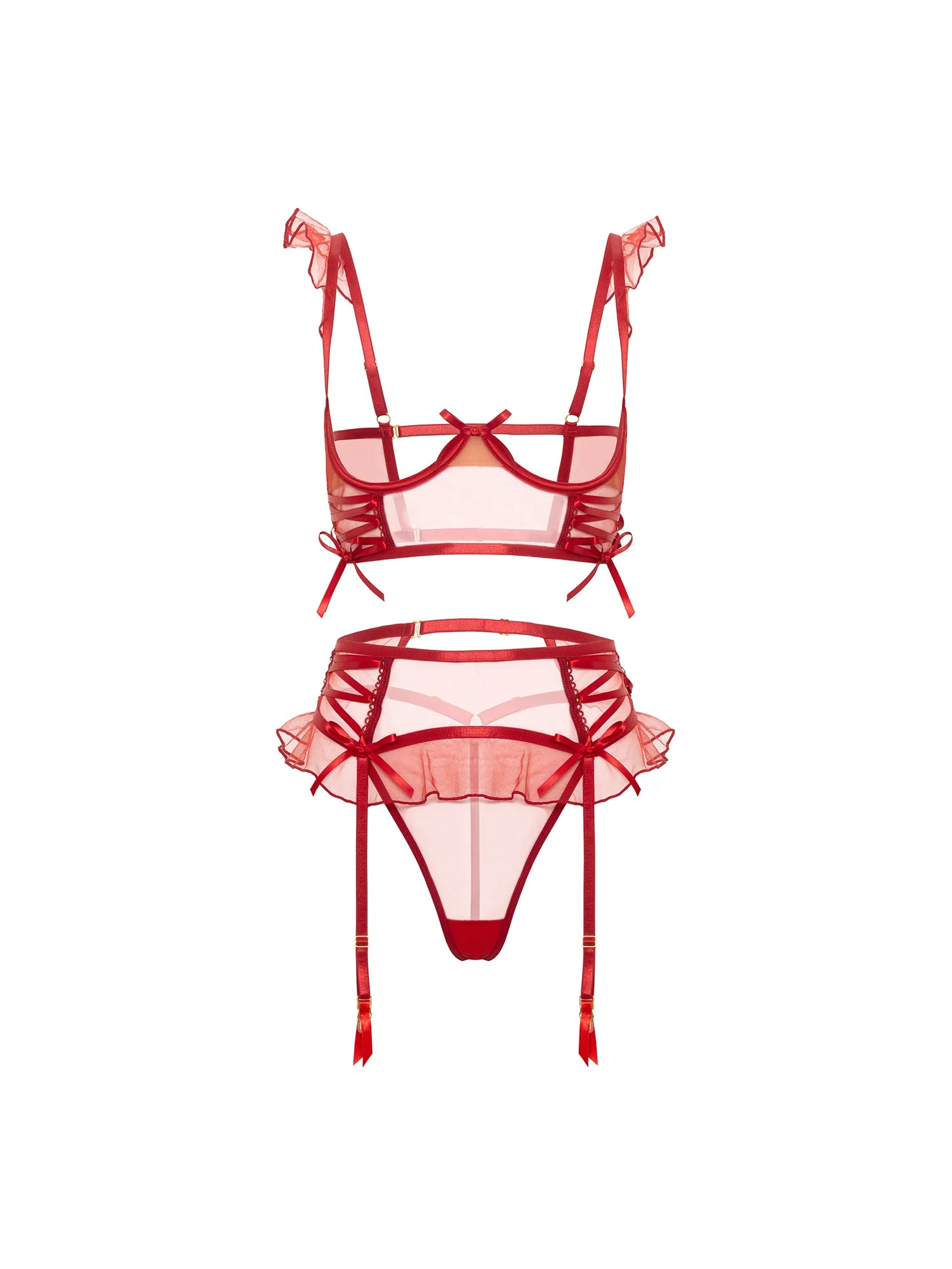Oh la la Cheri Darcy Sheer Tulle Open Cup Bra Set Red
