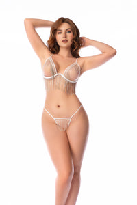 Mapale Daring Sparkling Fringe Open Cups and Crotchless Bra Set White