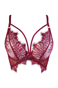 Dark Raspberry eyelash lace longline bra with butterfly winged band and frayed ends.