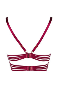 Dark Raspberry longline bra with butterfly winged band, claret eyelash lace, and frayed ends.