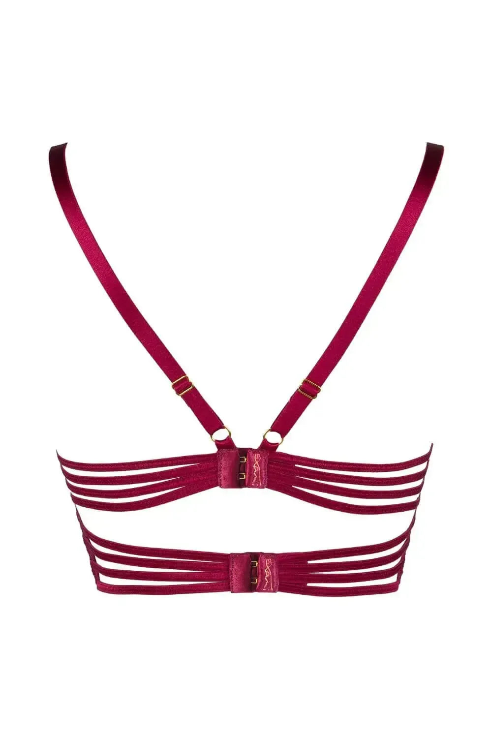 Dark Raspberry longline bra with butterfly winged band, claret eyelash lace, and frayed ends.