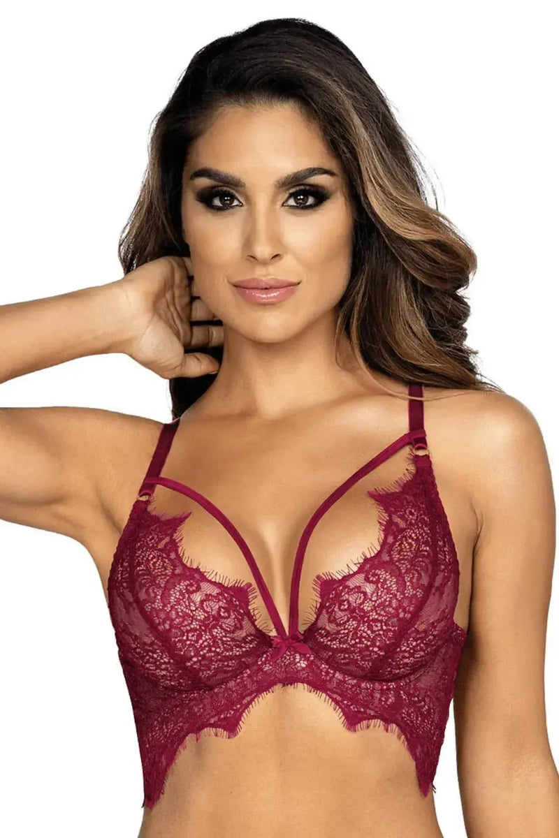 Dark Raspberry eyelash lace longline bra with butterfly winged band and frayed ends.