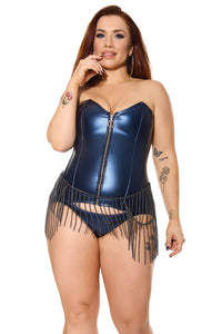 Coquette Darque Blue Metallic Ribbon Lace-up Back Corset & G-String