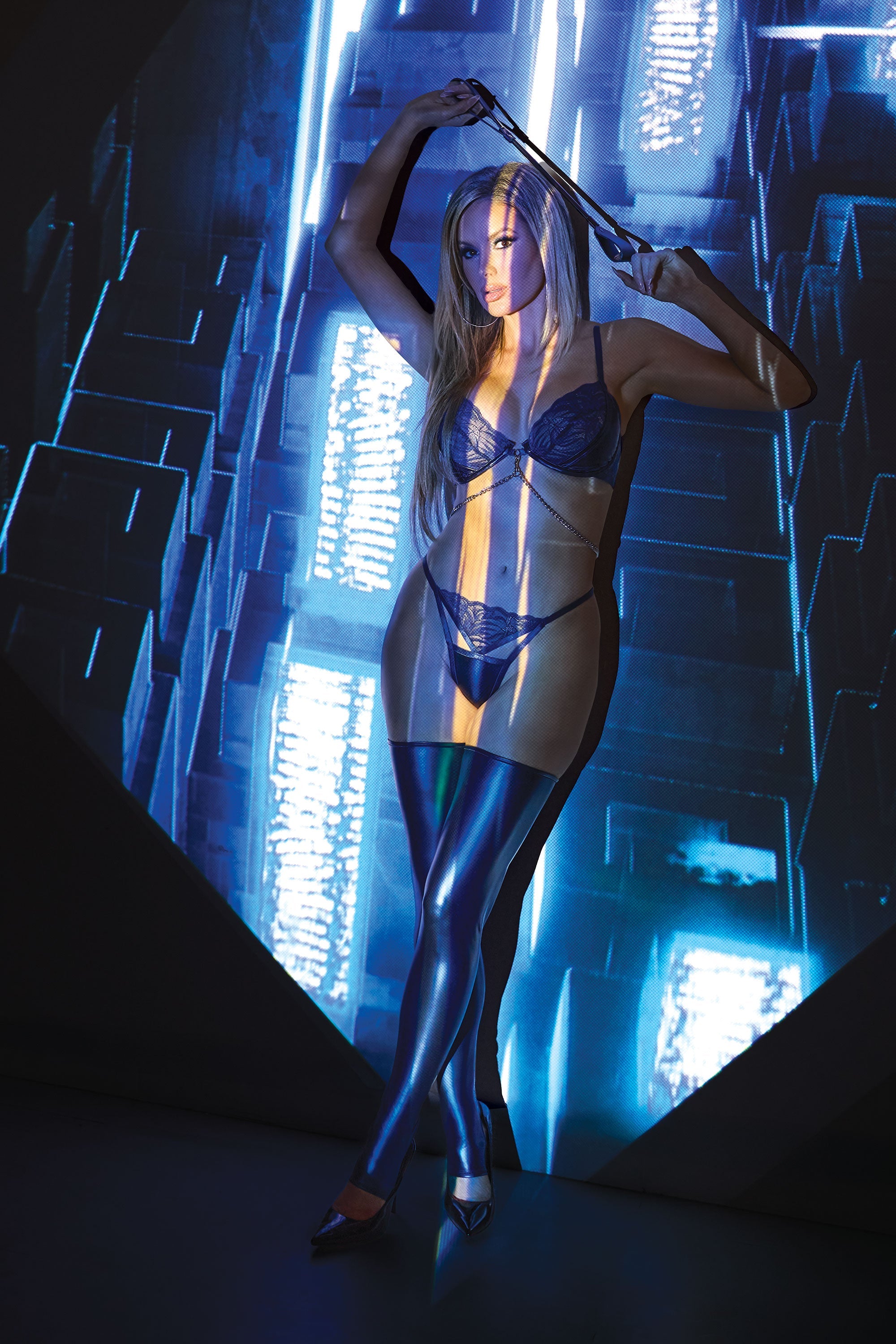 Coquette Darque Blue Metallic Wet Look Underwire Cups Bra Set