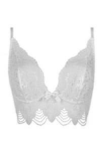 White Axami Daydream Roses lace corset bra with delicate floral lace, little bow, and underwire.
