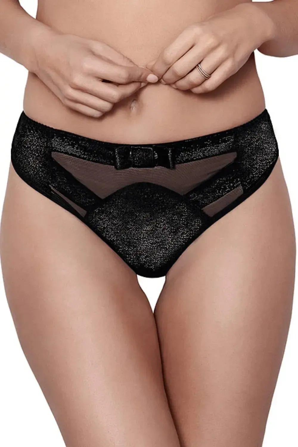Deco Shimmer Thong: black shimmering material, delicate tulle, and a charming big bow.
