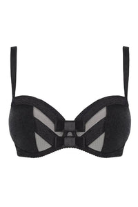 Axami Deco Shimmer Unlined Bra: black shimmering material, delicate tulle, shiny straps, and big bows.