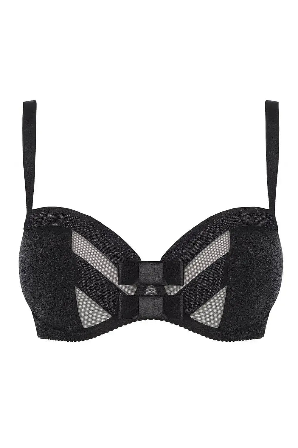 Axami Deco Shimmer Unlined Bra: black shimmering material, delicate tulle, shiny straps, and big bows.