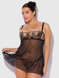 House of Desire Delilah Embroidered Sheer Babydoll Set Black/Taupe