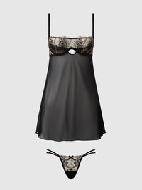 House of Desire Delilah Embroidered Sheer Babydoll Set Black/Taupe