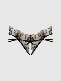 House of Desire Delilah Embroidered Sheer Hipster Ouvert Panty Black/Taupe