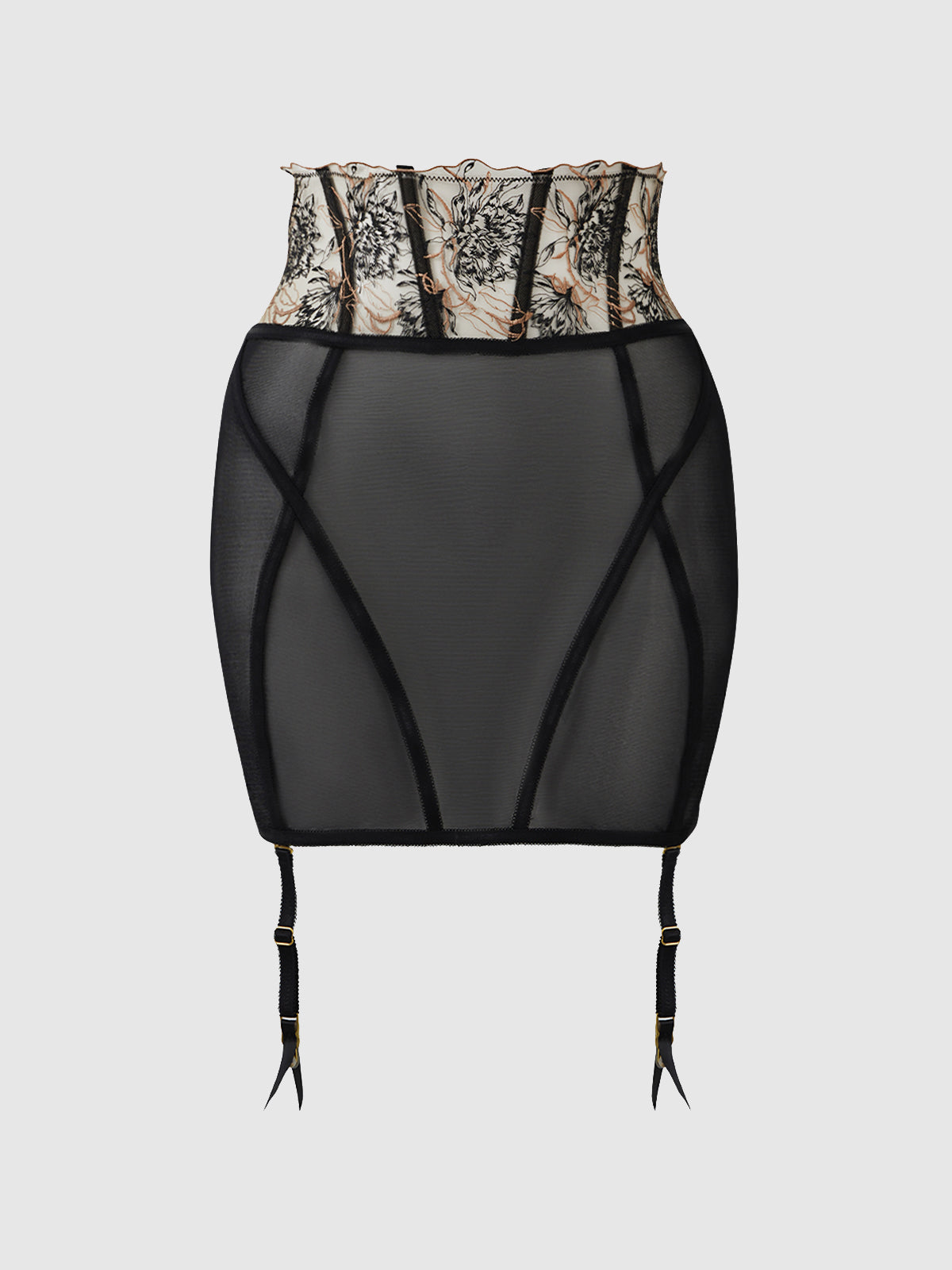 Delilah Embroidered Sheer Open Back Garter Skirt Black/Taupe