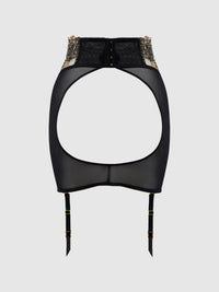 House of Desire Delilah Embroidered Sheer Open Back Garter Skirt Black/Taupe